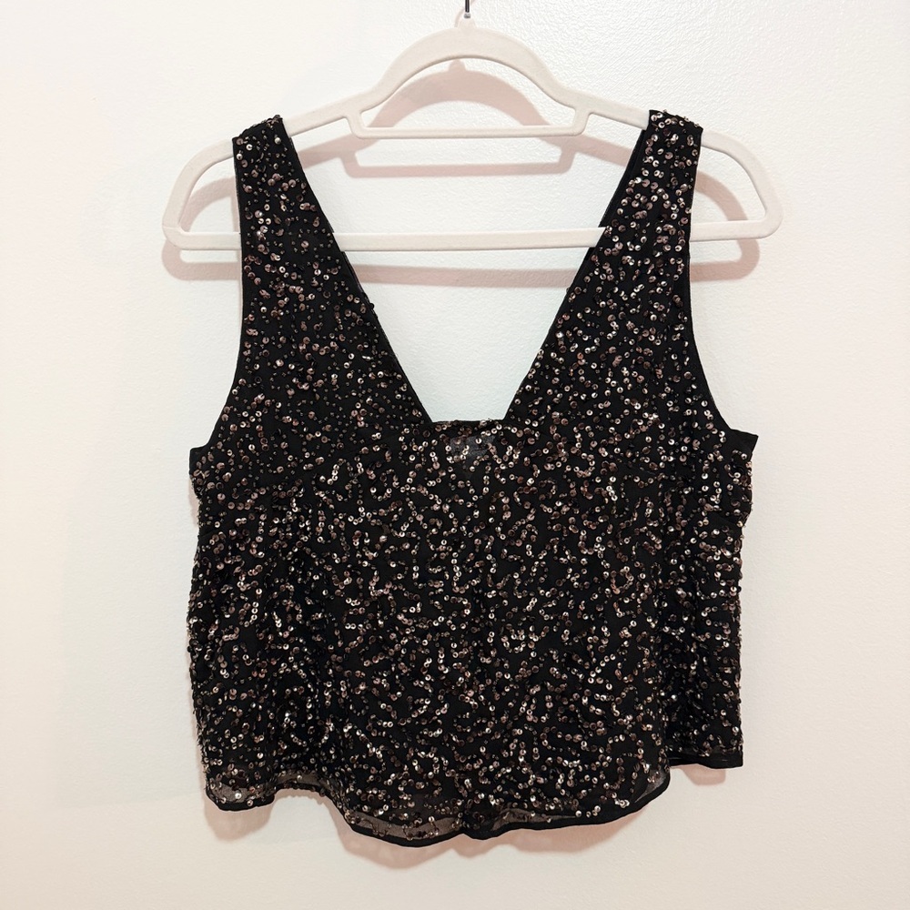 Zara Black Sequin Crop Top Party Blouse Size Small